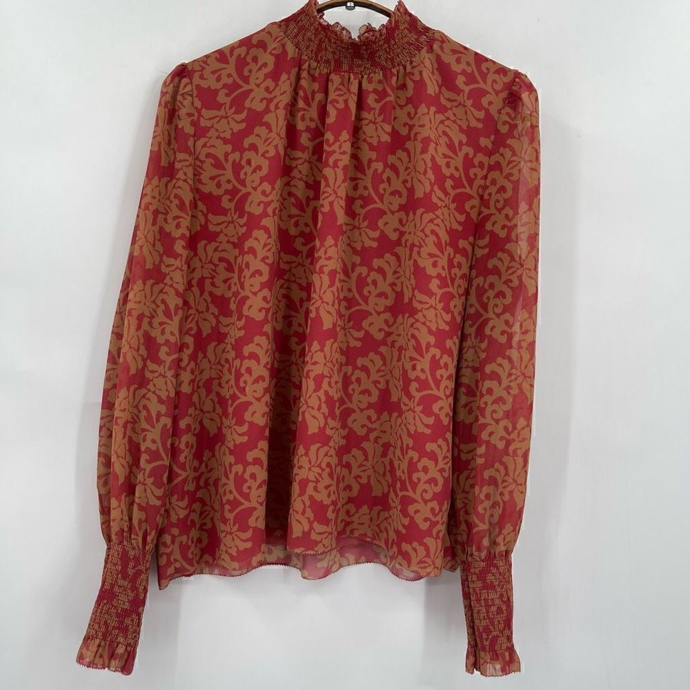 Wilfred Red Pleated Long Sleeve Ruffle Neck Valencia Blouse Size Small